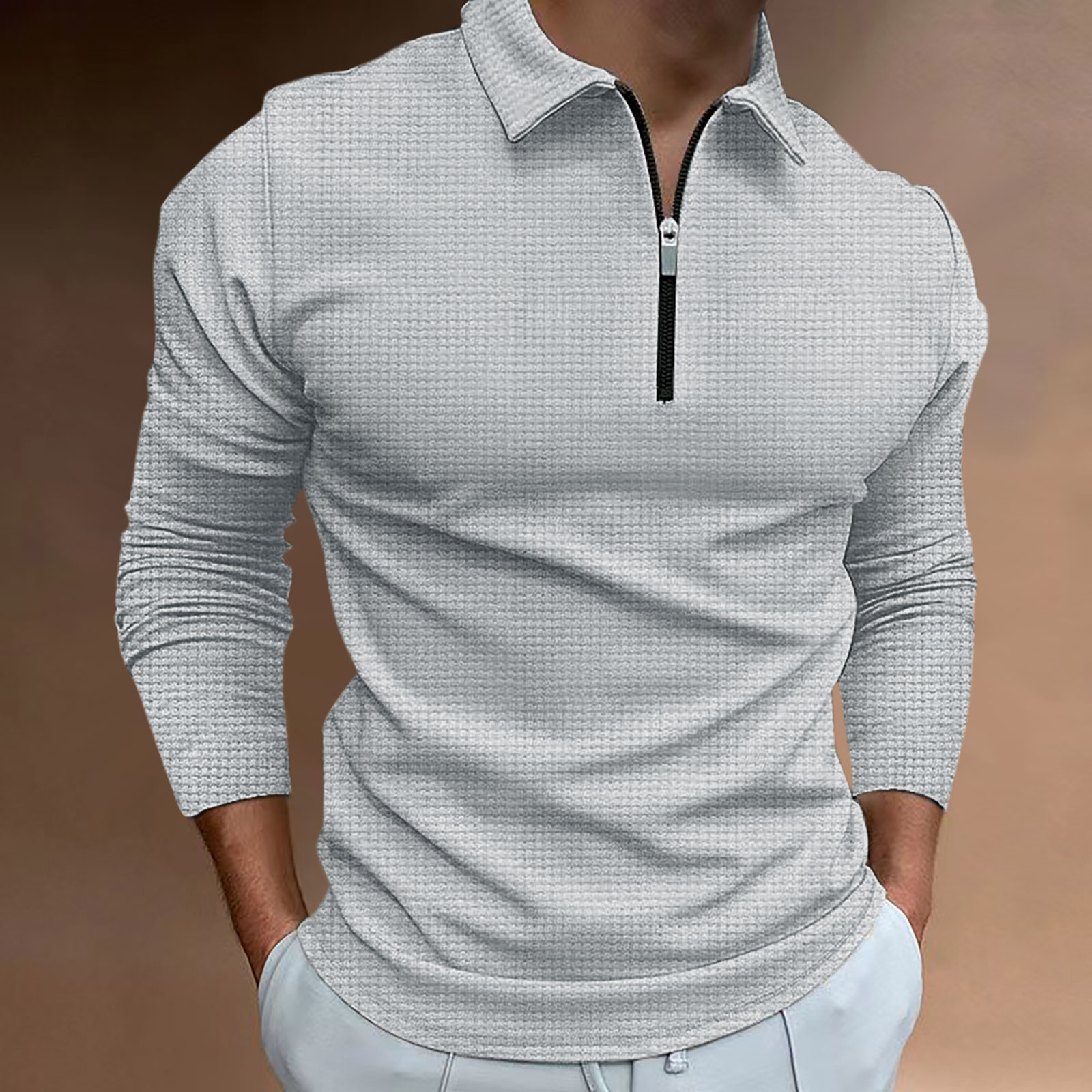 thumbnail image 2 of Camisa informal de manga larga para hombre: cuello vuelto, detalle de cremallera, color liso, poliéster, oficina/ocio, tallas 10-20 (EE. UU.), 2 of 5